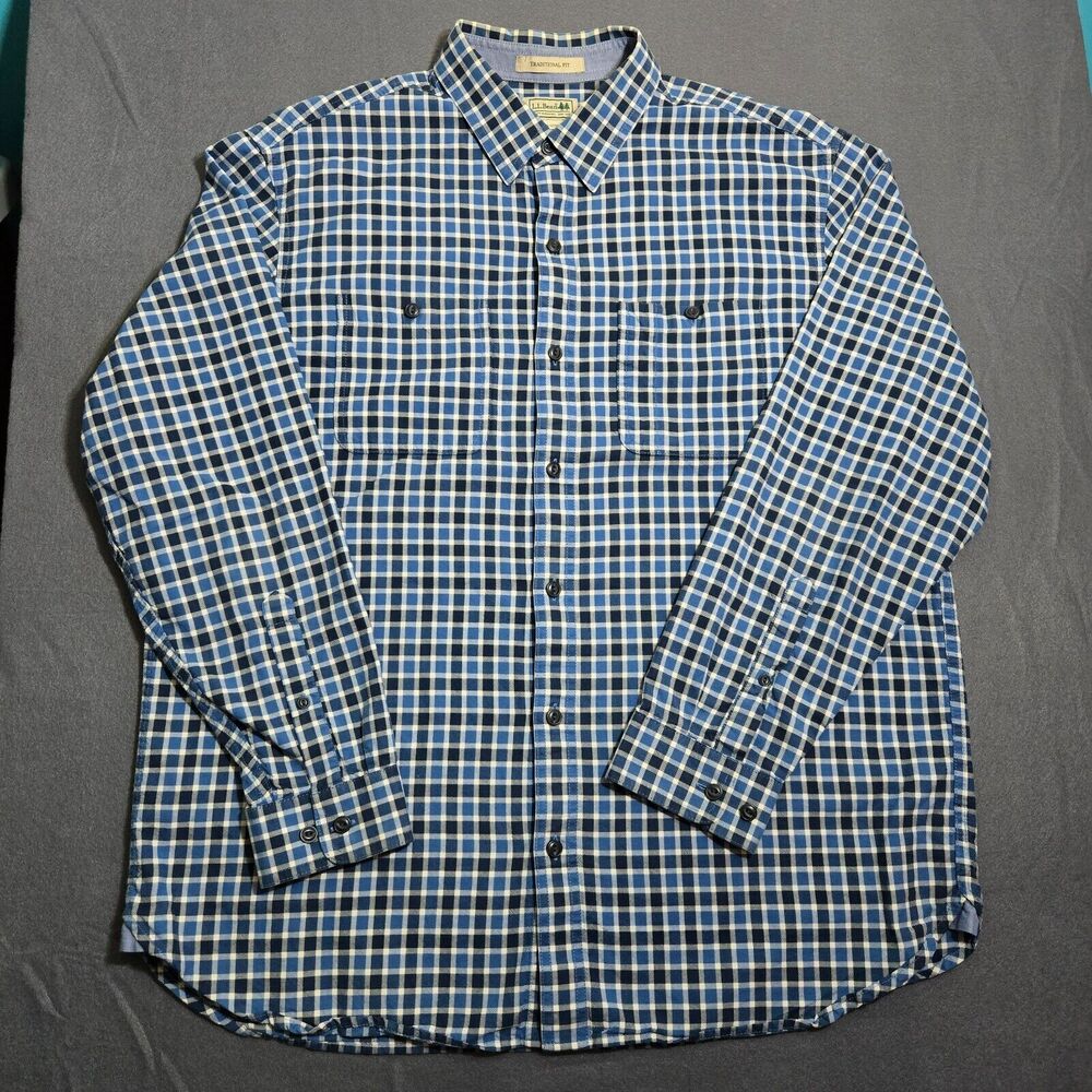 L.L. Bean Dress Shirt Men L Traditional Fit Blue Plaid Long Sleeve Button Up